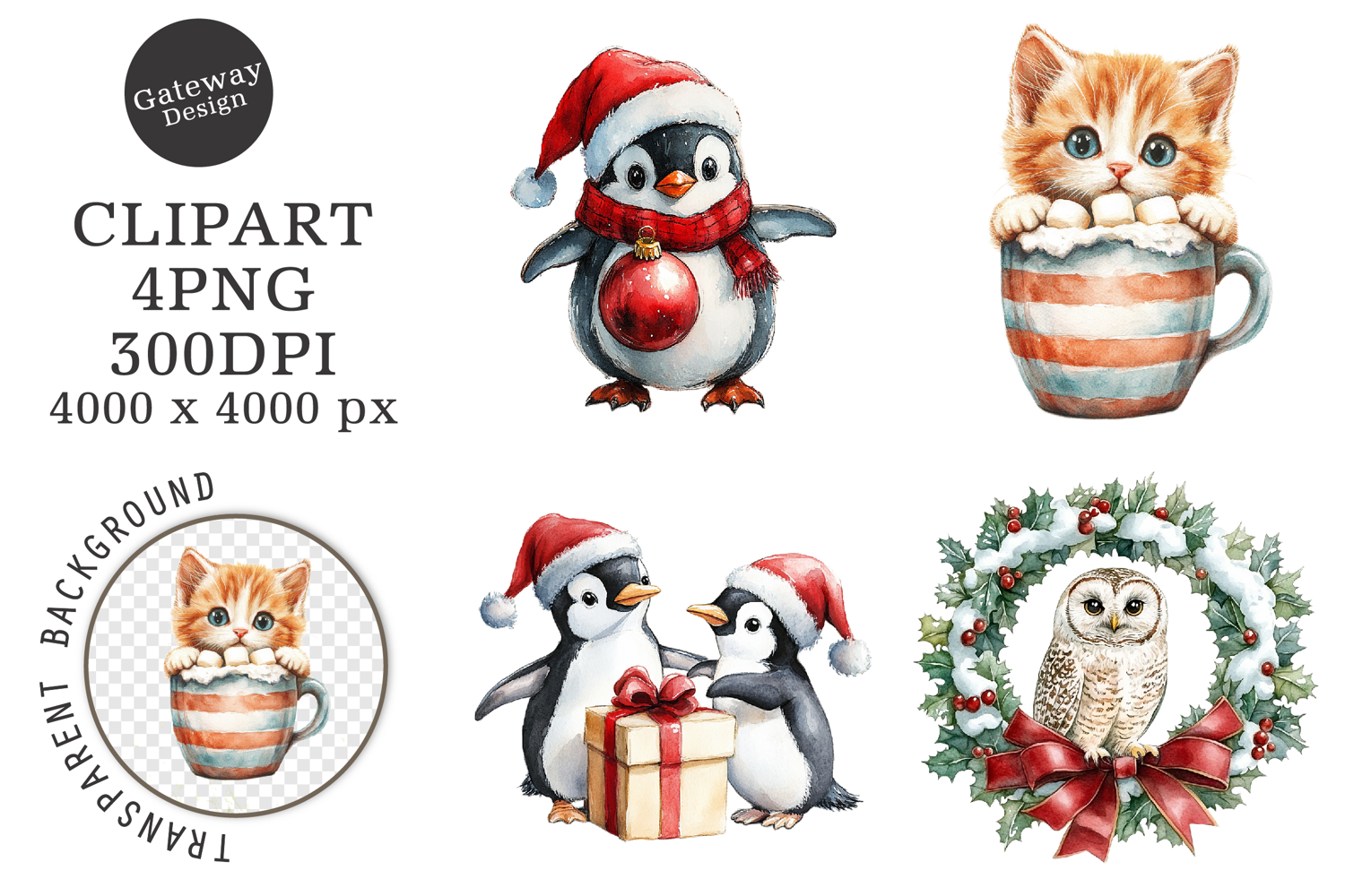Watercolor Christmas Animal Clipart product image 1