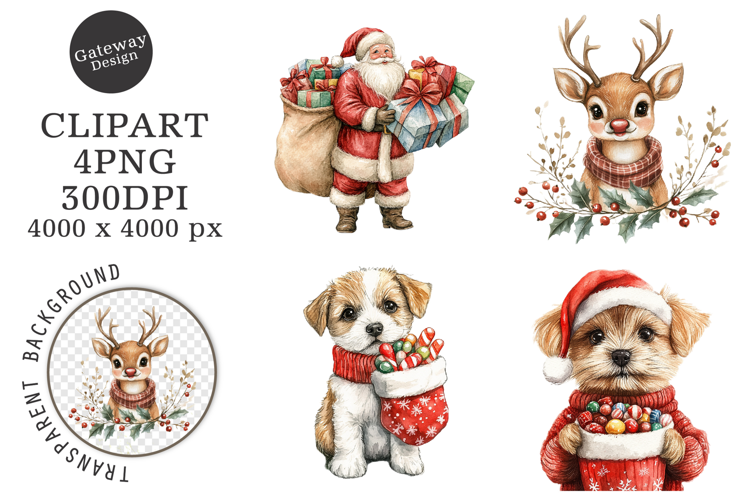 Watercolor Christmas Animal Clipart product image 1
