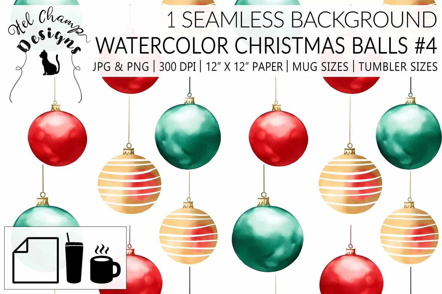 Watercolor christmas balls scrapbooking papers origami sublimation mug tumbler 1