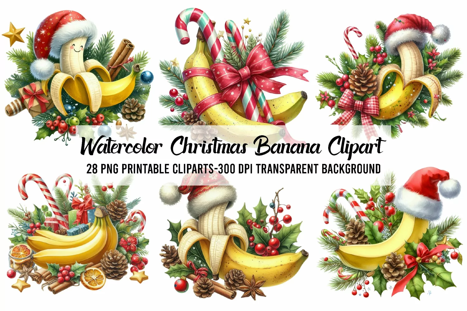 Watercolor Christmas Banana Clipart product image 1