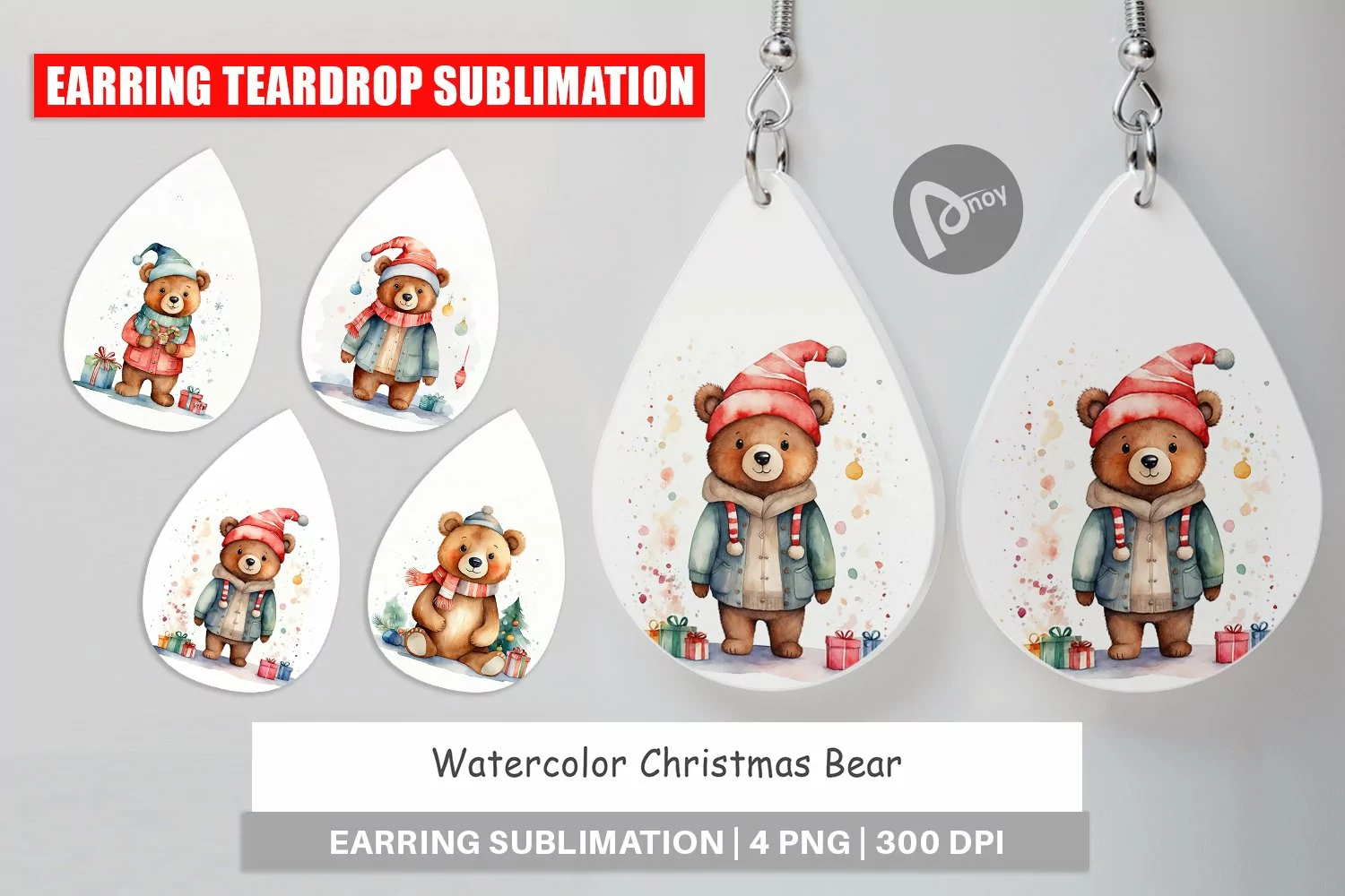 Earring Teardrop Watercolor Christmas Bear product image 1