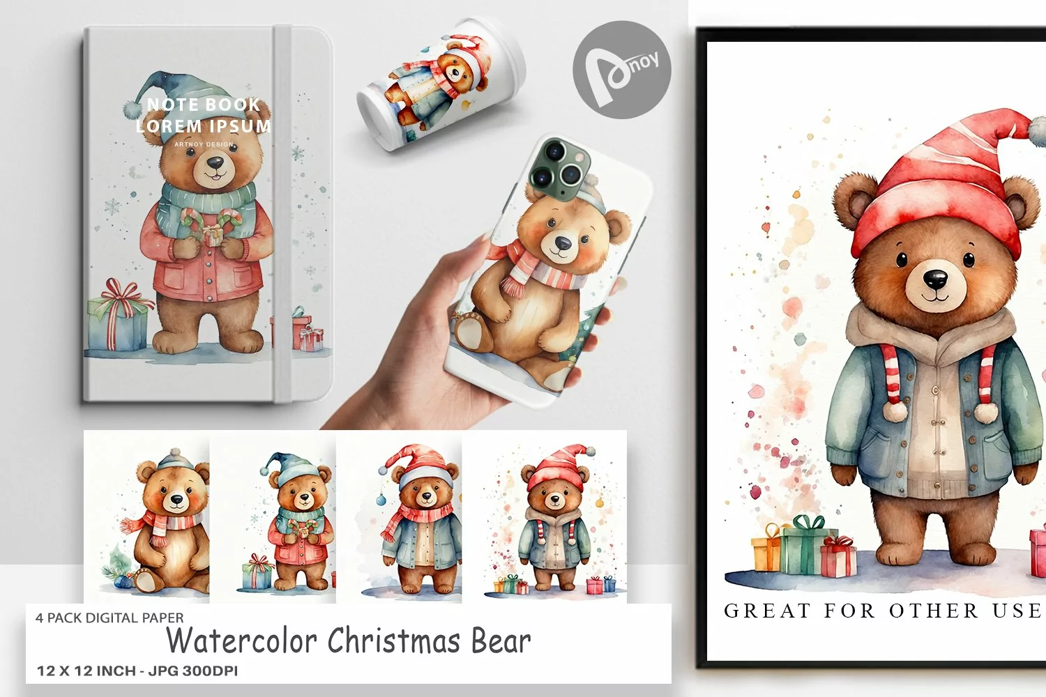 Digital Paper Watercolor Christmas Bear product image 1