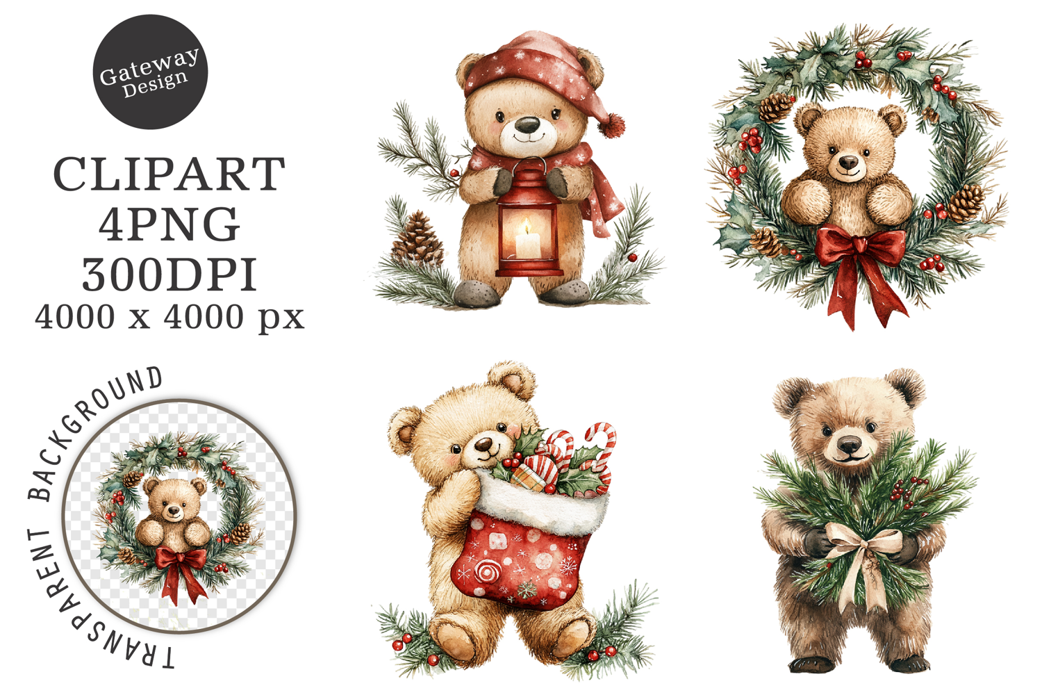 Watercolor Christmas Bear Clipart product image 1