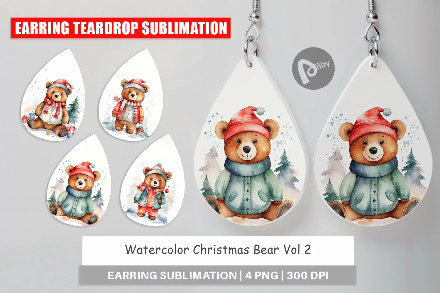 Earring Teardrop Watercolor Christmas Bear product image 1