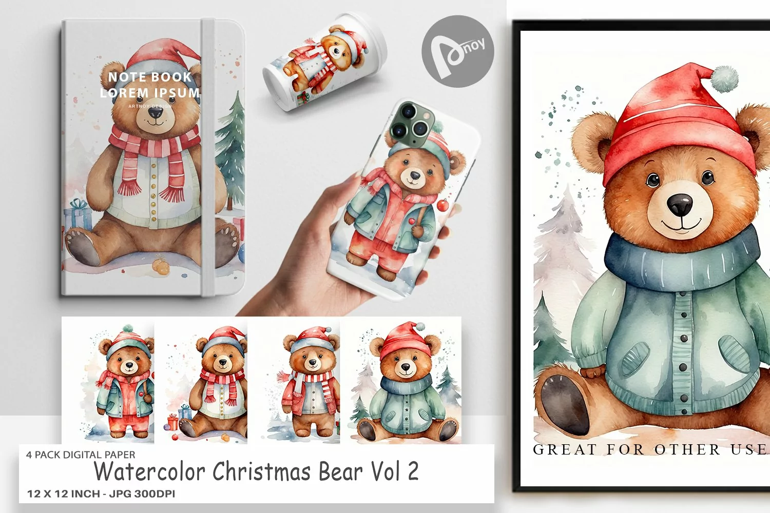 Digital Paper Watercolor Christmas Bear product image 1