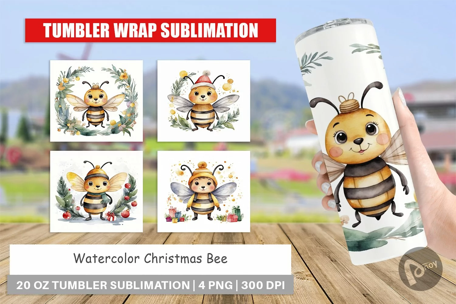 Tumbler Wrap Watercolor Christmas Bee product image 1