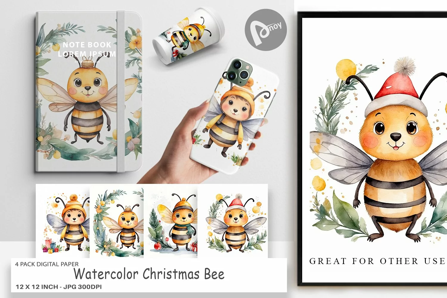 Digital Paper Watercolor Christmas Bee product image 1