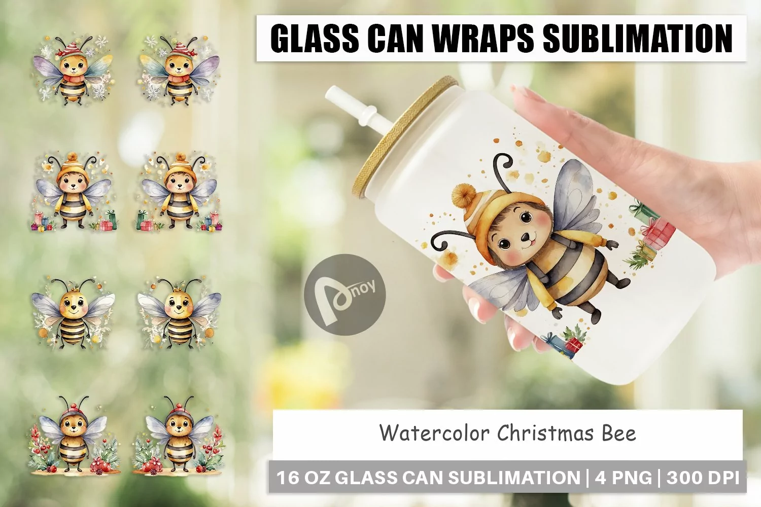 Glass Can Wraps Watercolor Christmas Bee product image 1