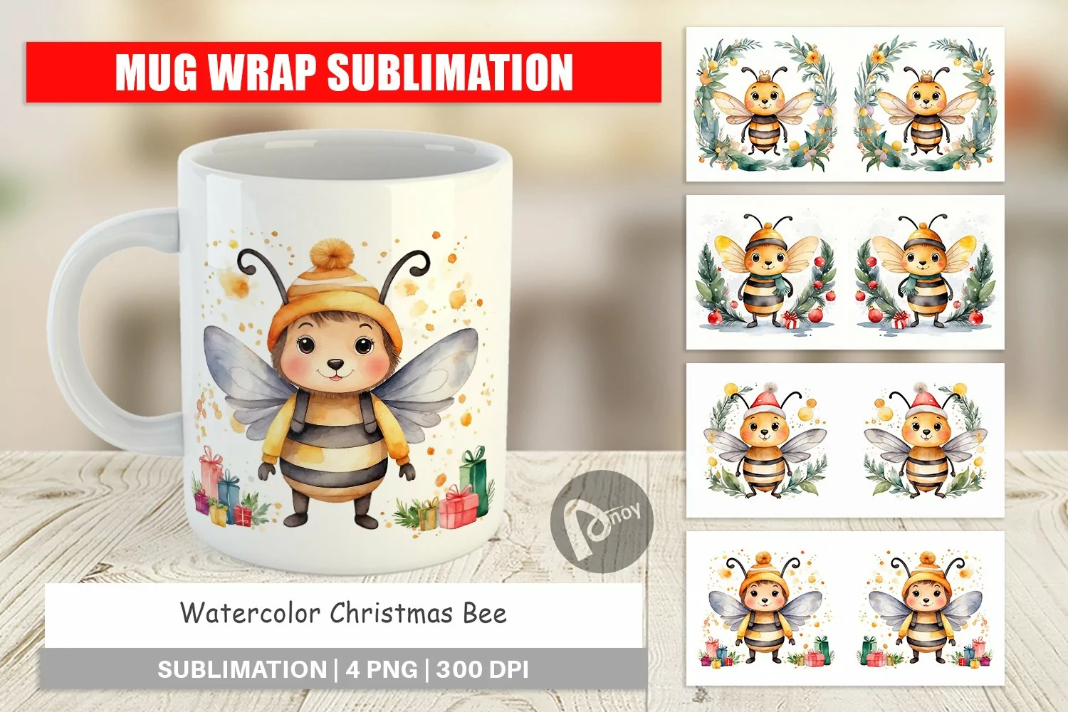 Mug Wrap Design Watercolor Christmas Bee product image 1