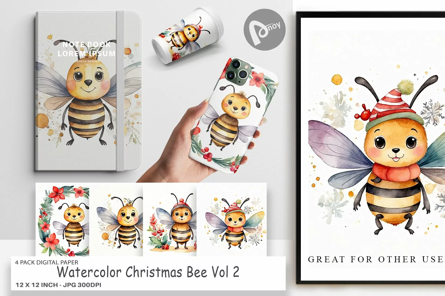 Digital Paper Watercolor Christmas Bee product image 1