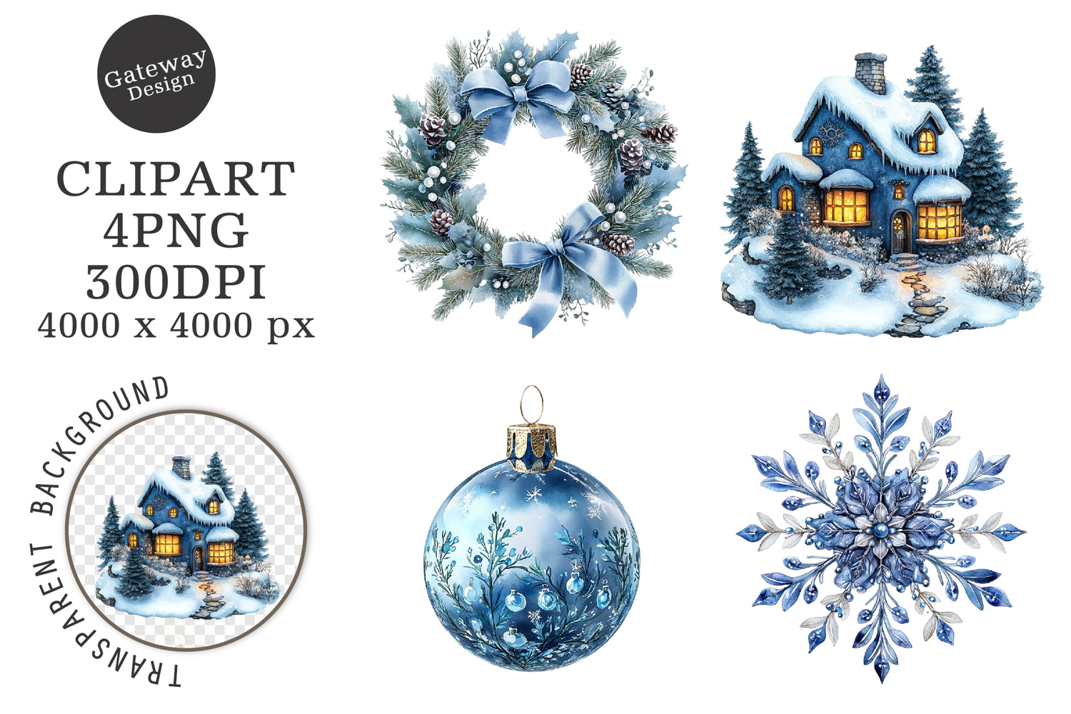 Watercolor Christmas Blue Clipart product image 1