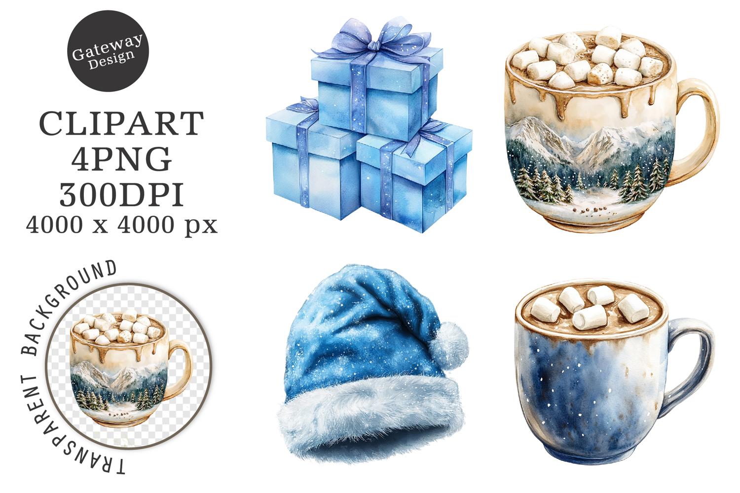 Watercolor Christmas Blue Clipart product image 1