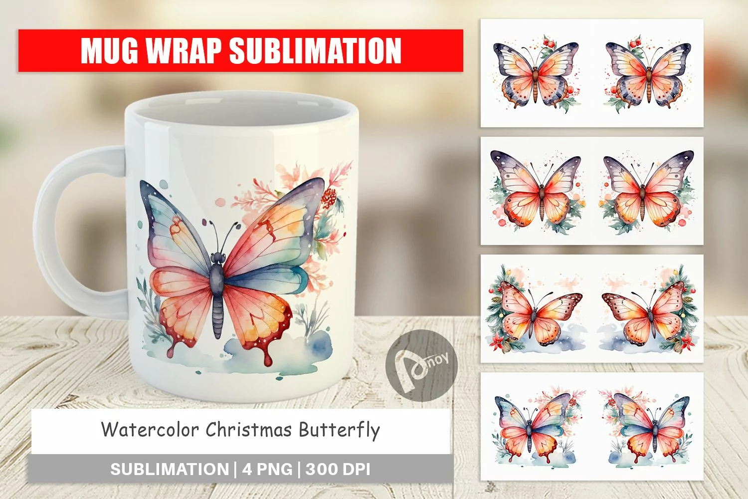 Mug Wrap Design Watercolor Christmas Butterfly product image 1