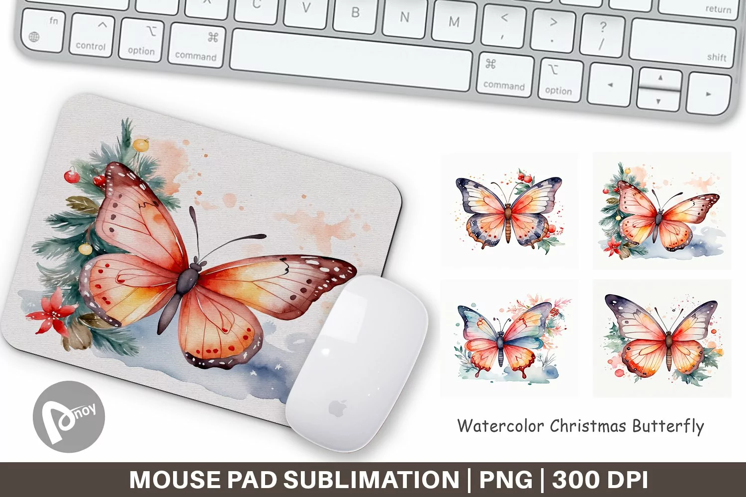 Mouse Pad Watercolor Christmas Butterfly product image 1