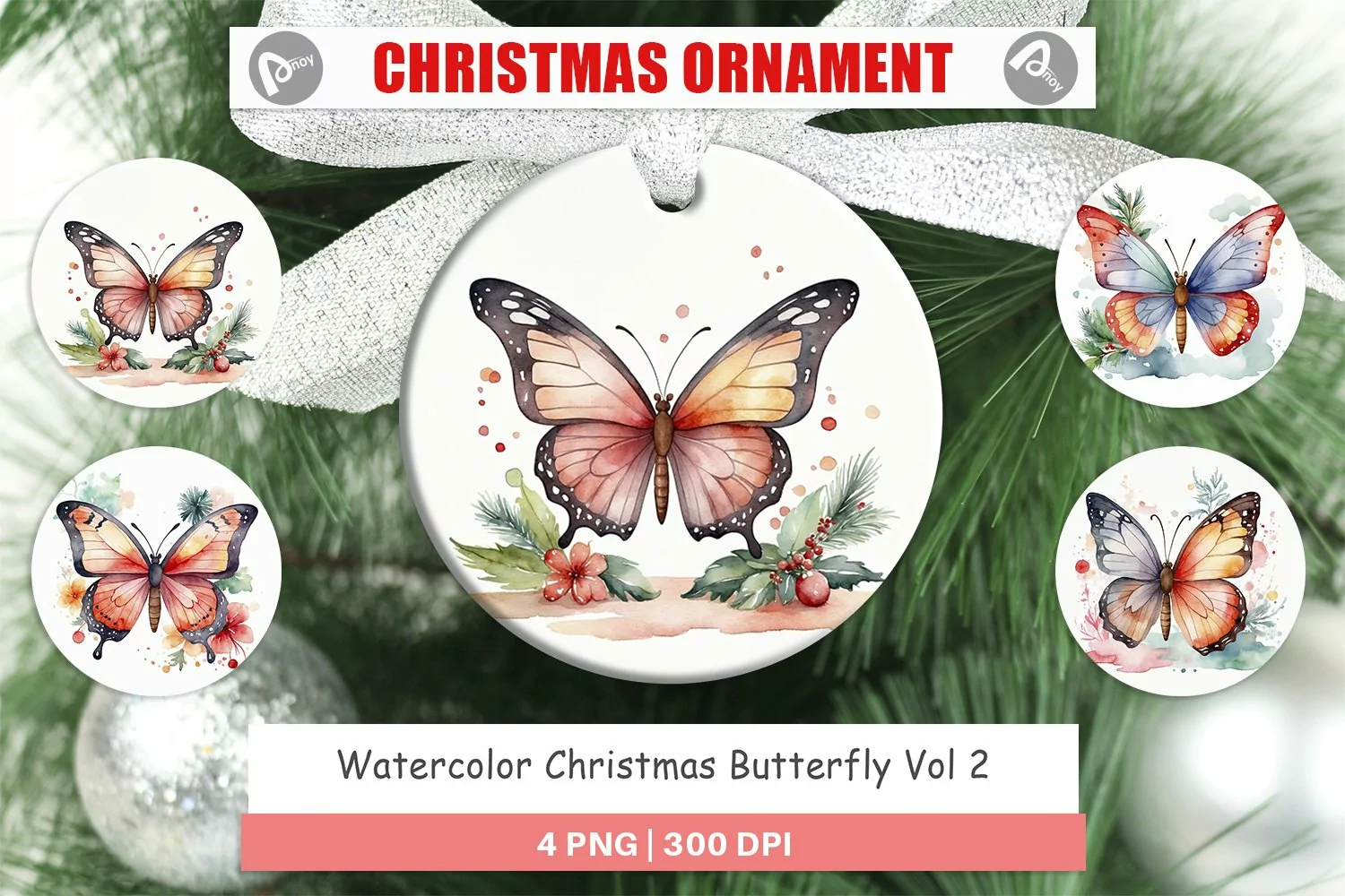 Christmas Ornaments Watercolor Christmas Butterfly product image 1