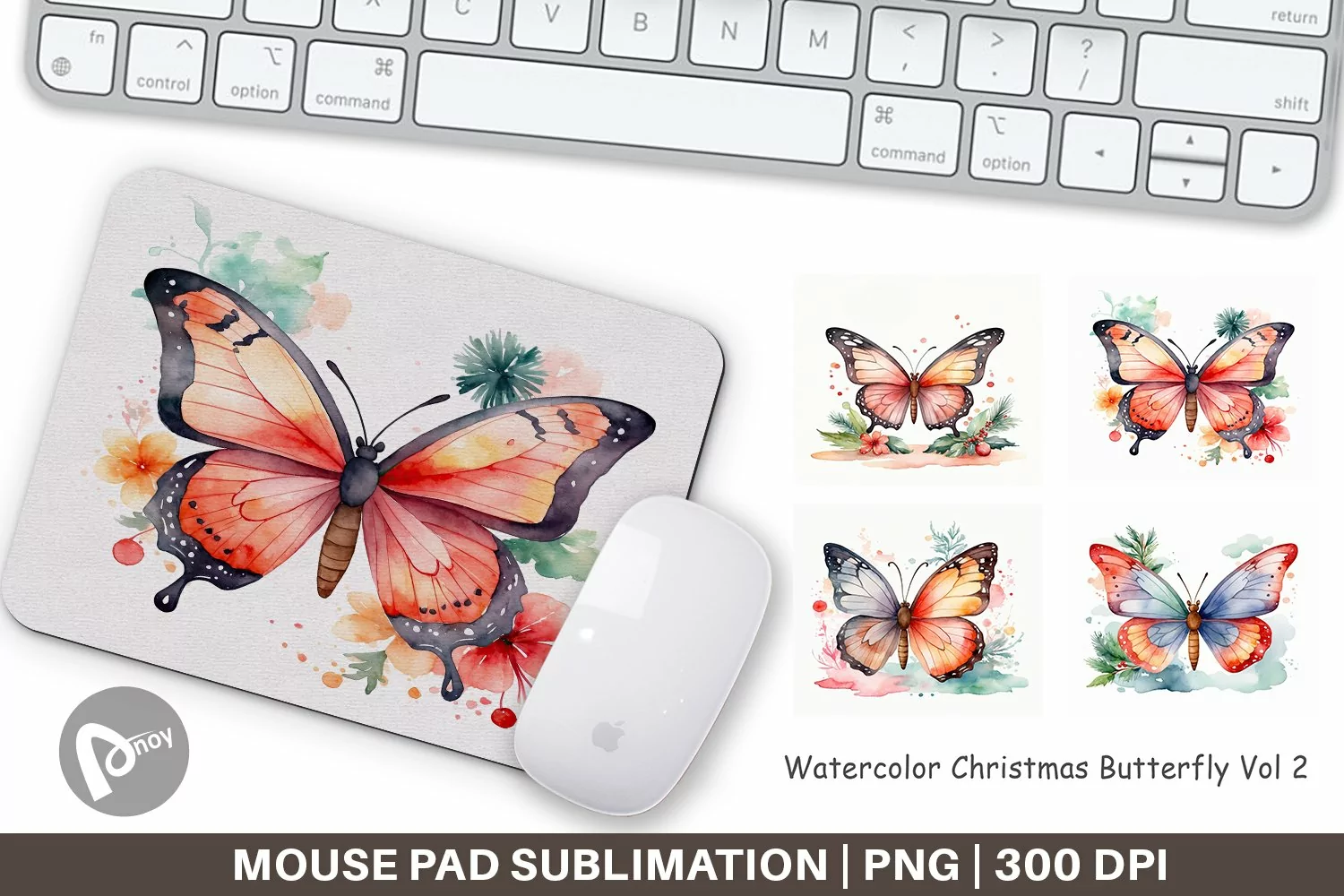 Mouse Pad Watercolor Christmas Butterfly product image 1