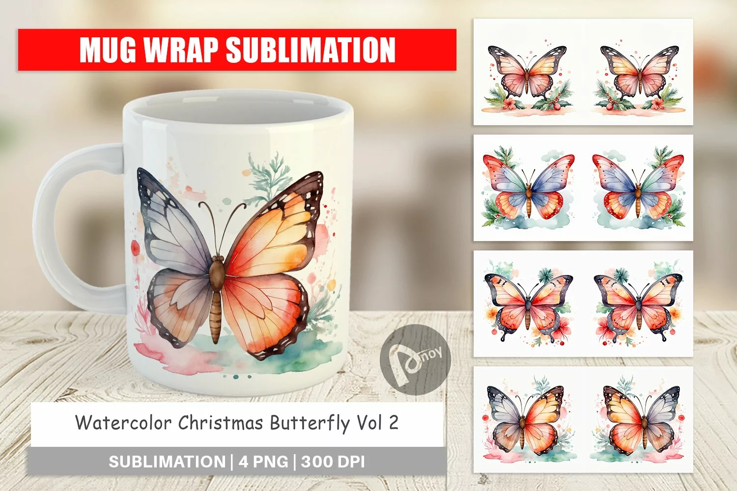 Mug Wrap Design Watercolor Christmas Butterfly product image 1