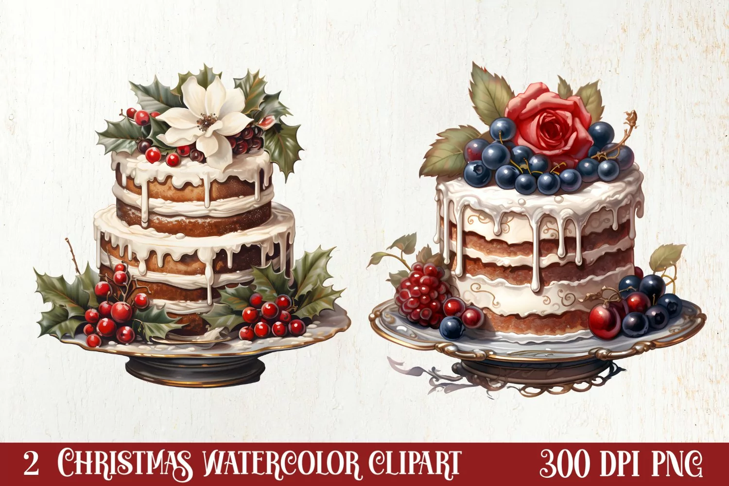 Watercolor Christmas Cakes Clipart, Christmas Clipart product image 1