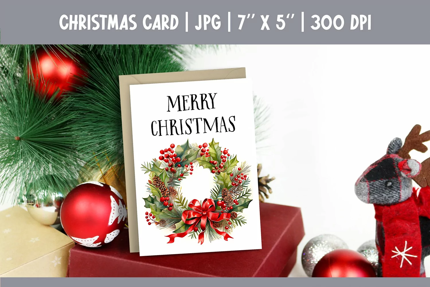 Merry Christmas Card Printable | Christmas Watercolor Wreath product image 1
