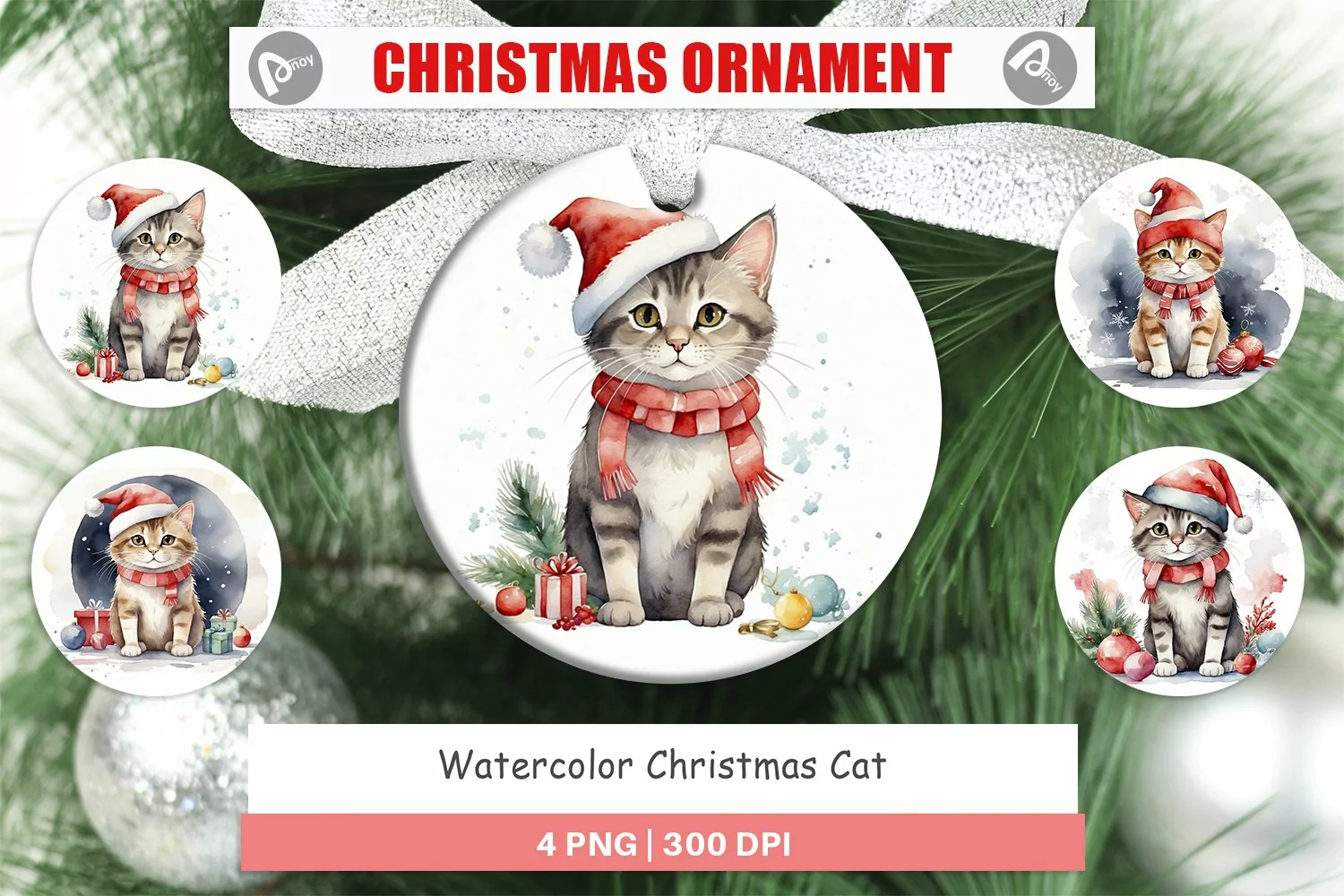 Christmas Ornaments Watercolor Christmas Cat product image 1