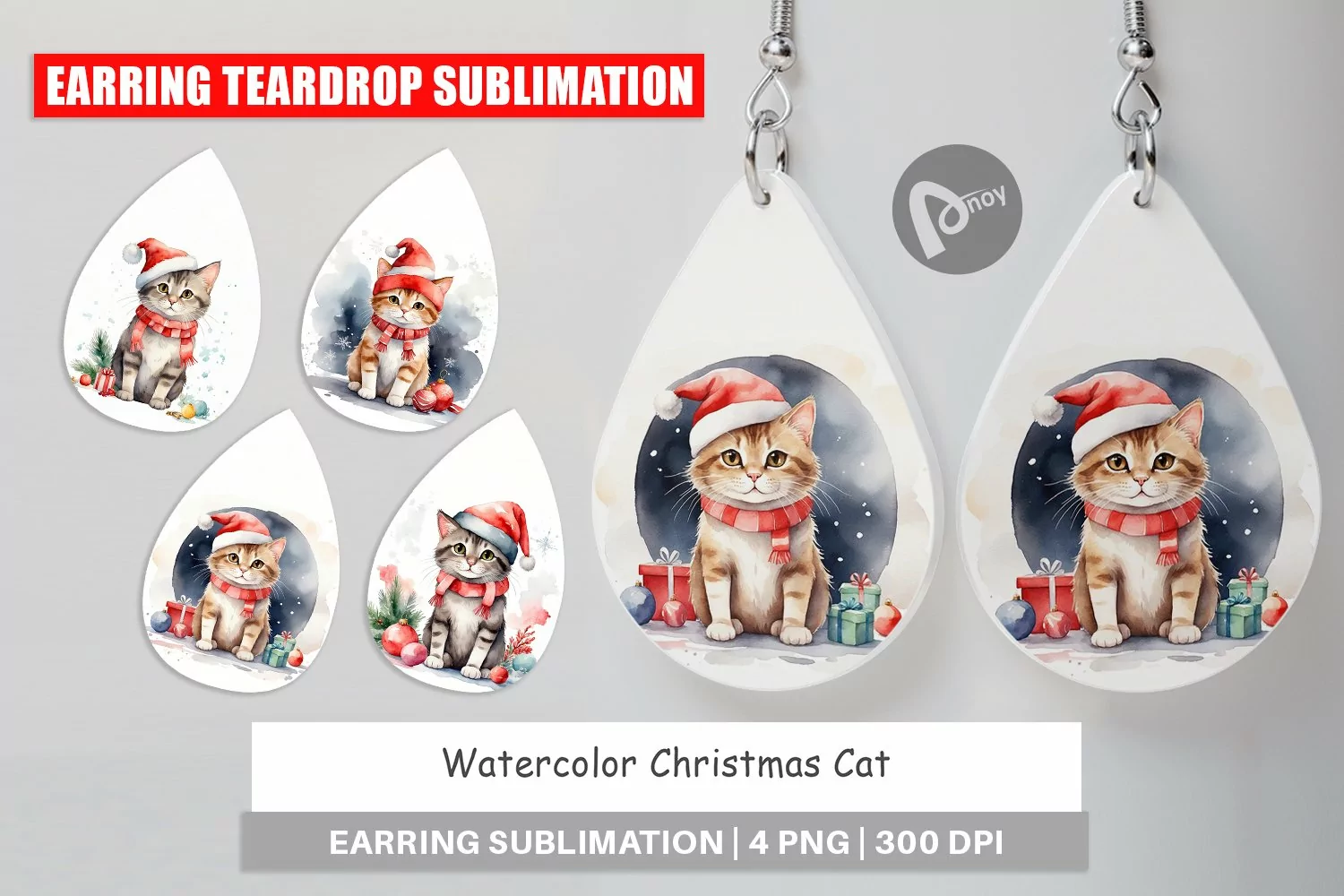 Earring Teardrop Watercolor Christmas Cat product image 1