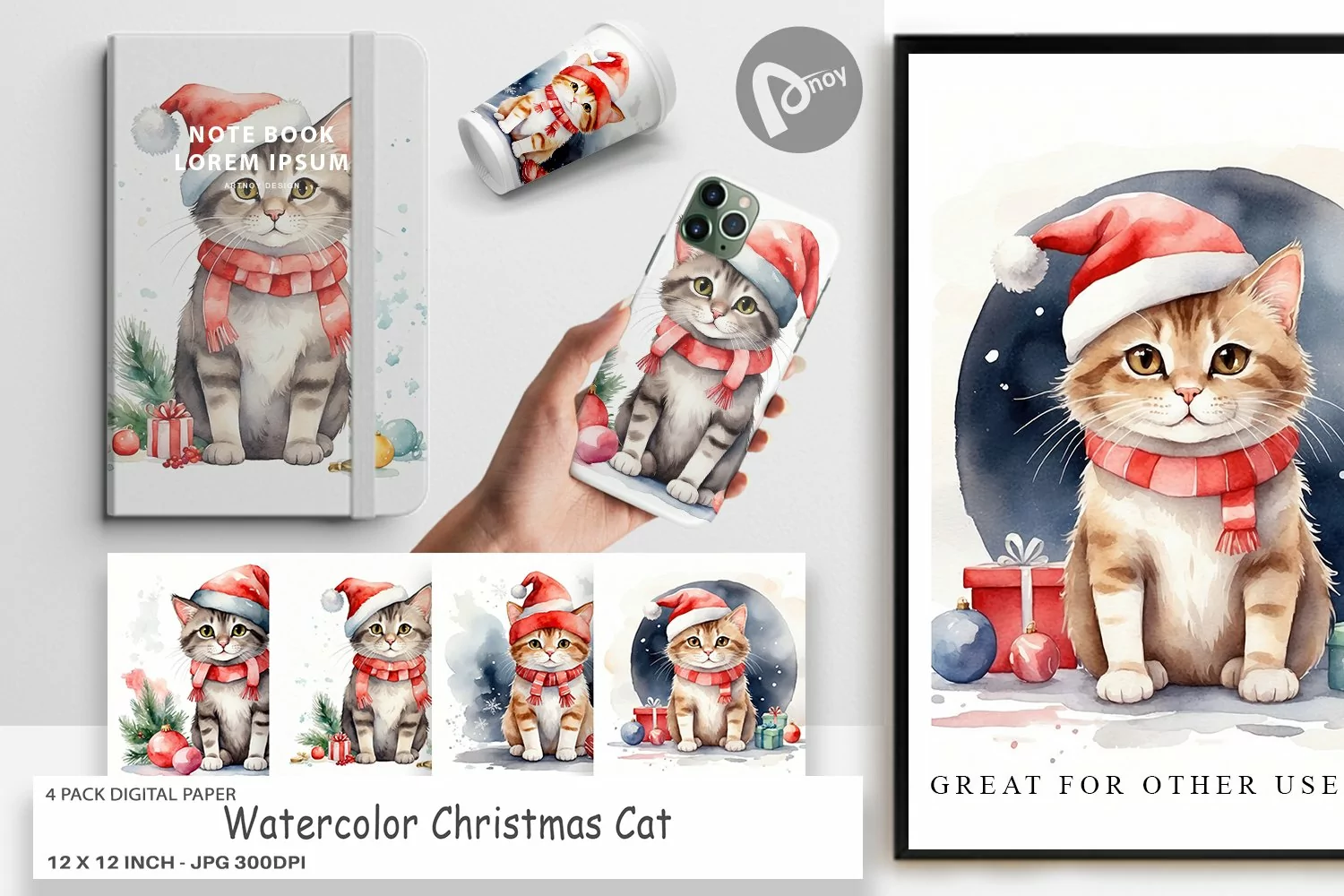 Digital Paper Watercolor Christmas Cat product image 1