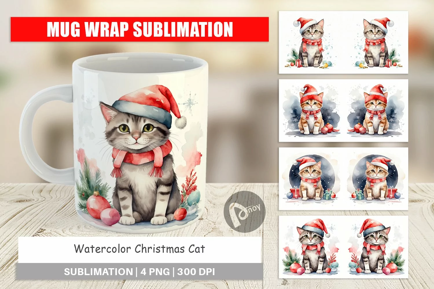 Mug Wrap Design Watercolor Christmas Cat product image 1
