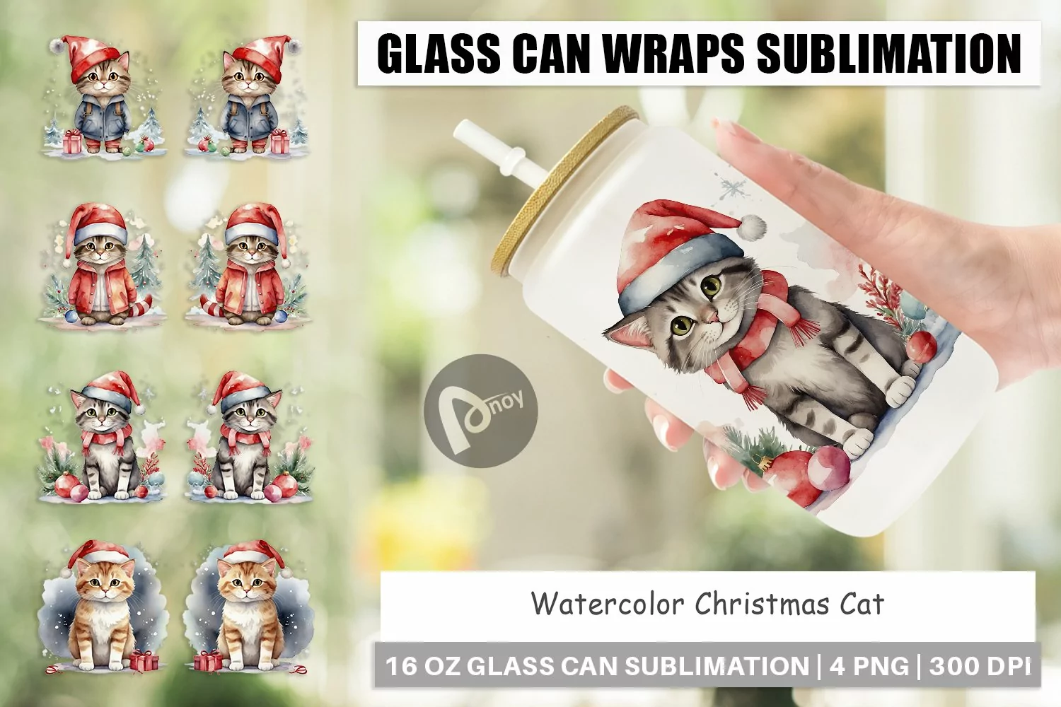 Glass Can Wraps Watercolor Christmas Cat product image 1