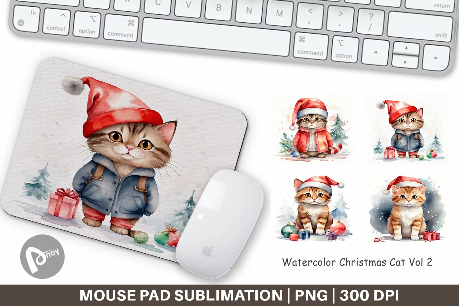 Mouse Pad Watercolor Christmas Cat product image 1