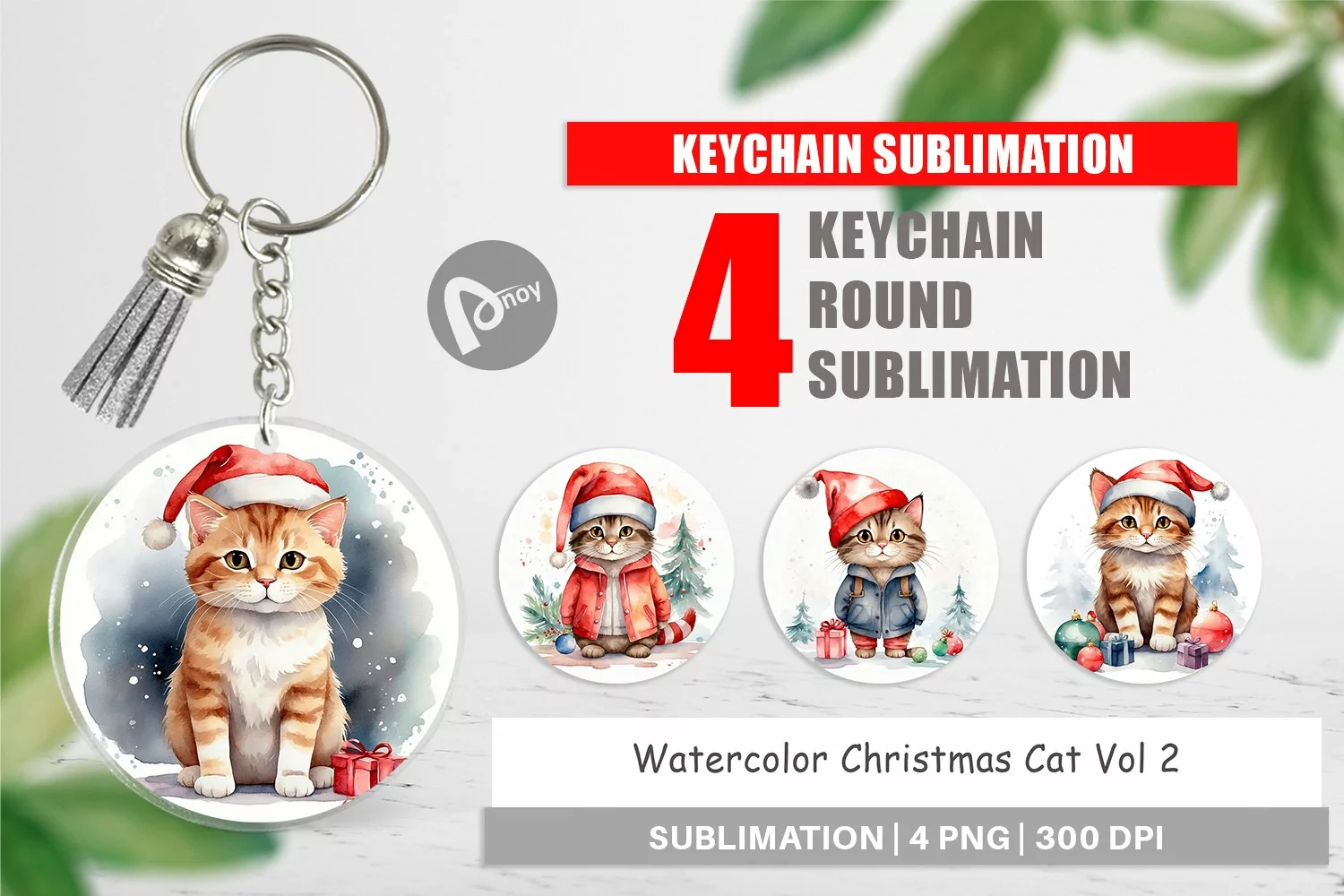 Keychain Watercolor Christmas Cat product image 1