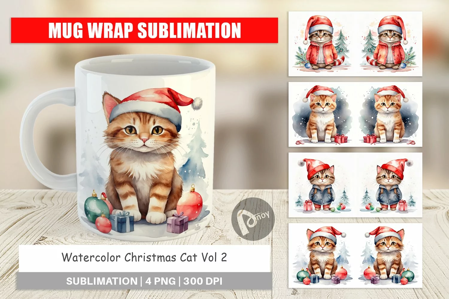 Mug Wrap Design Watercolor Christmas Cat product image 1