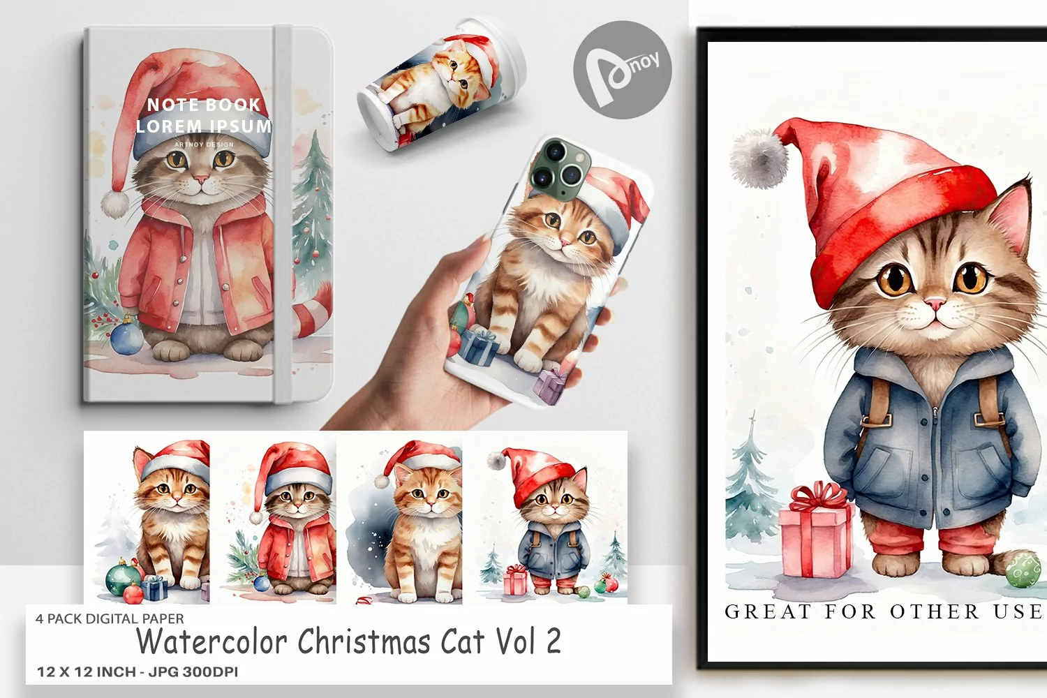 Digital Paper Watercolor Christmas Cat product image 1