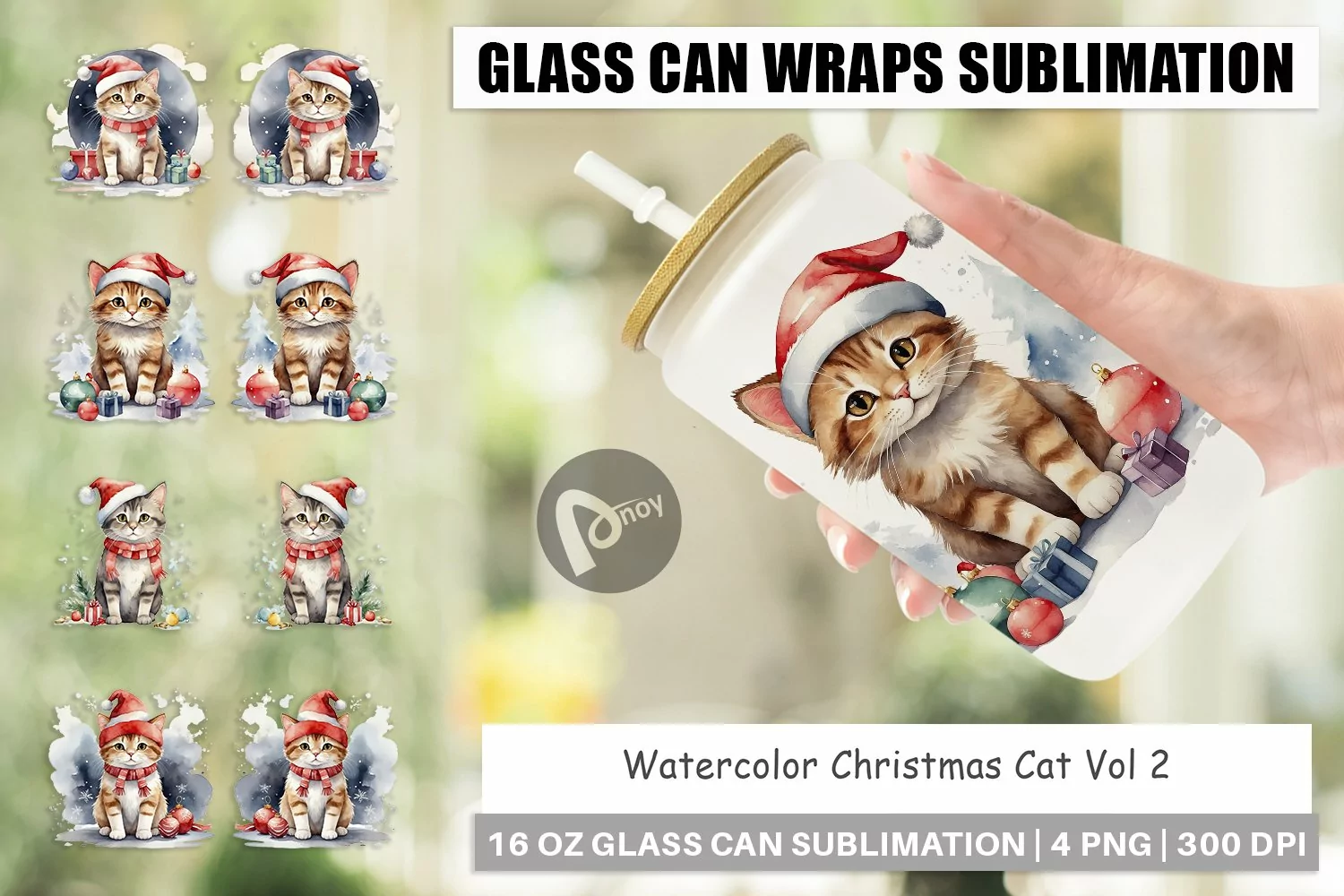 Glass Can Wraps Watercolor Christmas Cat product image 1