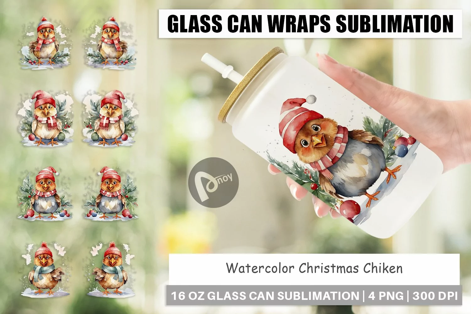 Glass Can Wraps Watercolor Christmas Chiken product image 1