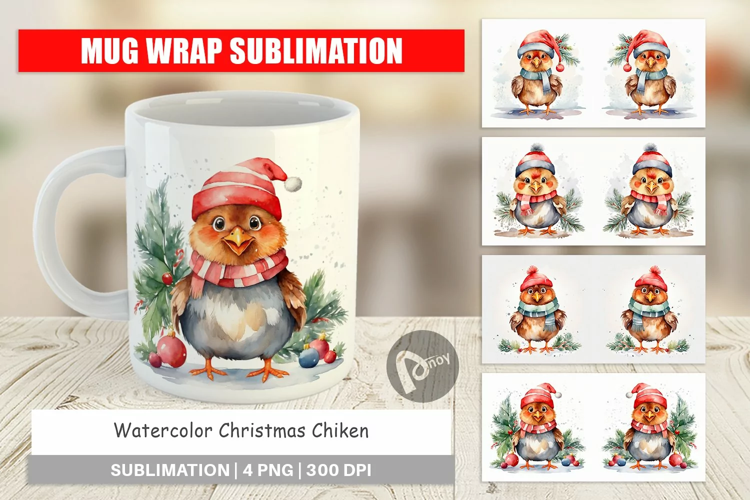 Mug Wrap Design Watercolor Christmas Chiken product image 1