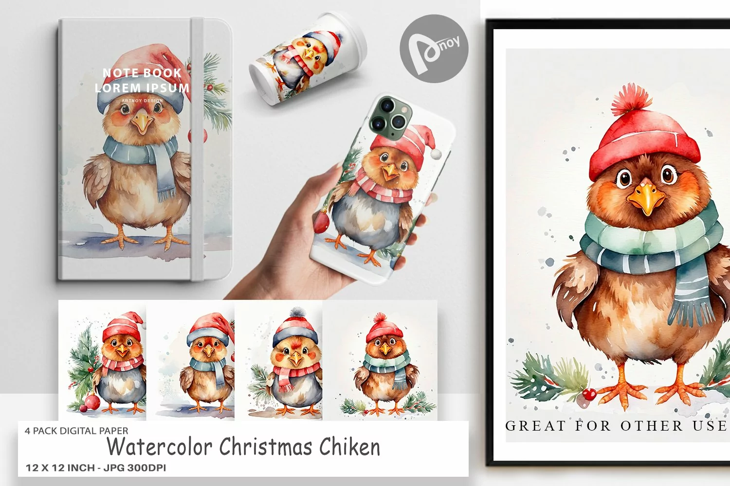 Digital Paper Watercolor Christmas Chiken product image 1
