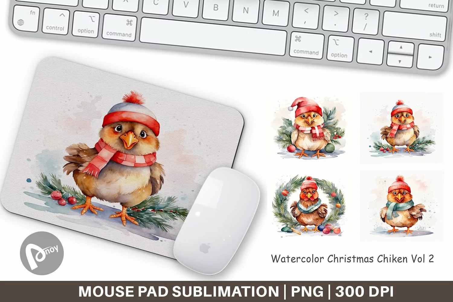 Mouse Pad Watercolor Christmas Chiken product image 1