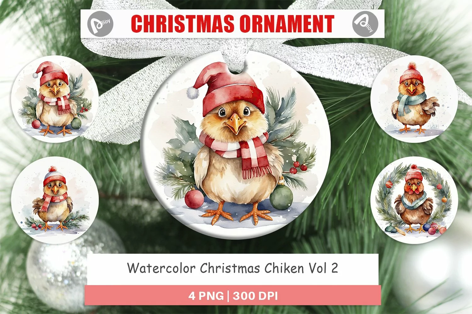 Christmas Ornaments Watercolor Christmas Chiken product image 1