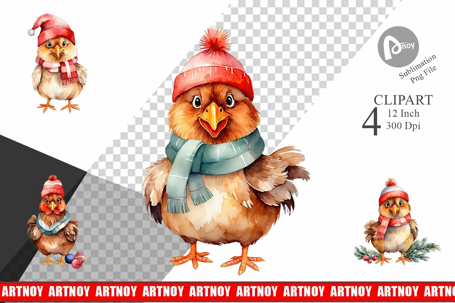 Clipart Watercolor Christmas Chicken product image 1
