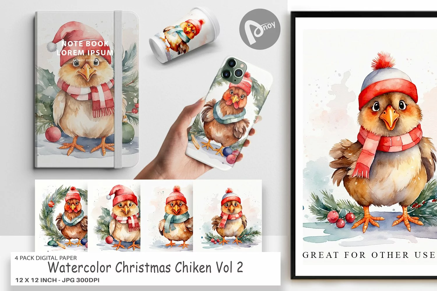 Digital Paper Watercolor Christmas Chiken product image 1