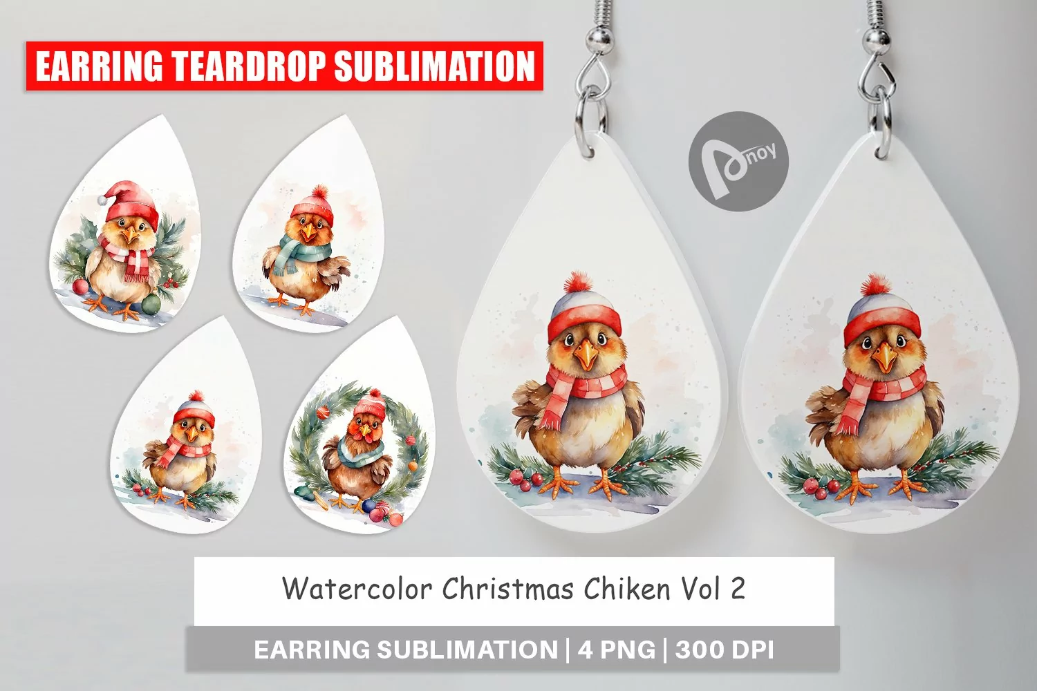 Earring Teardrop Watercolor Christmas Chiken product image 1