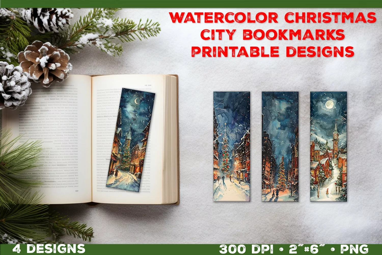 Whimsical Watercolor Christmas City Bookmarks Printable product image 1