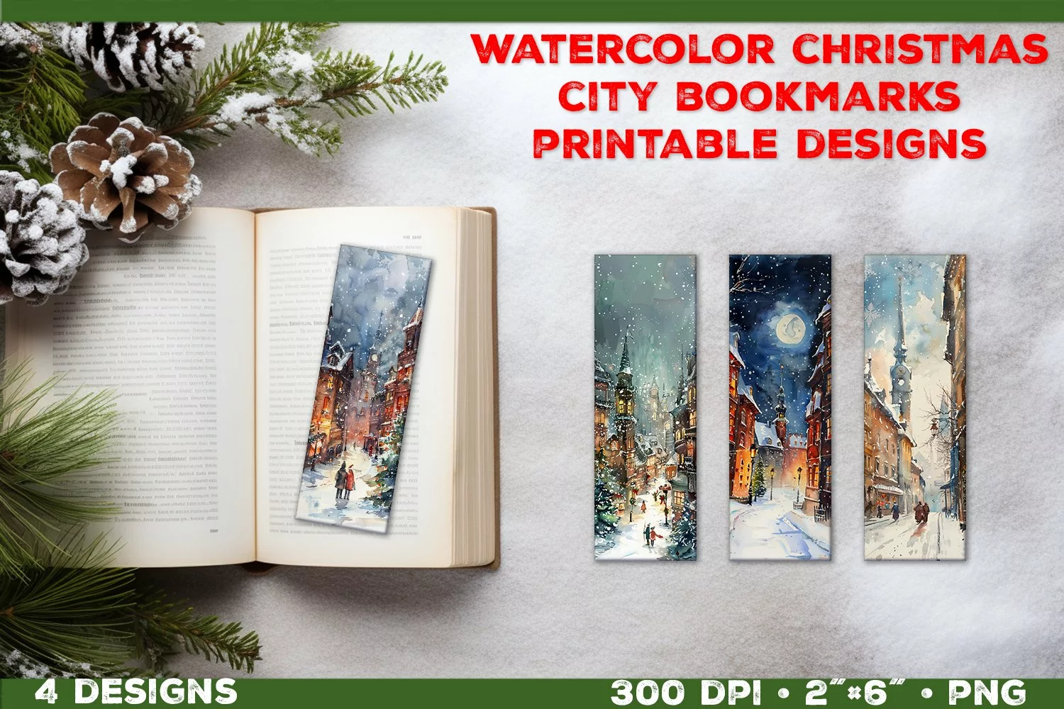 Whimsical Watercolor Christmas City Bookmarks Printable product image 1