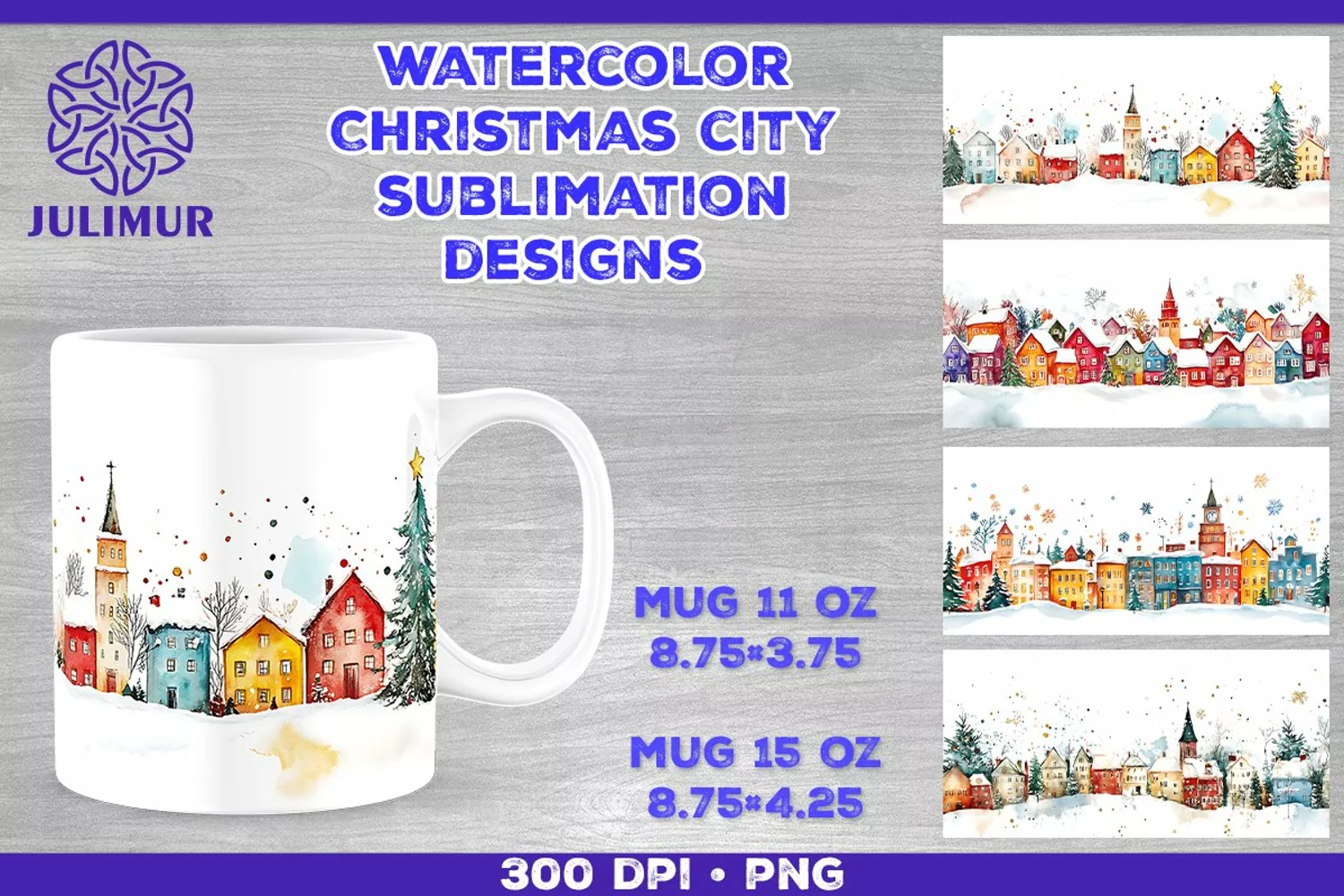 Watercolor Christmas City Mug Sublimation Design product image 1