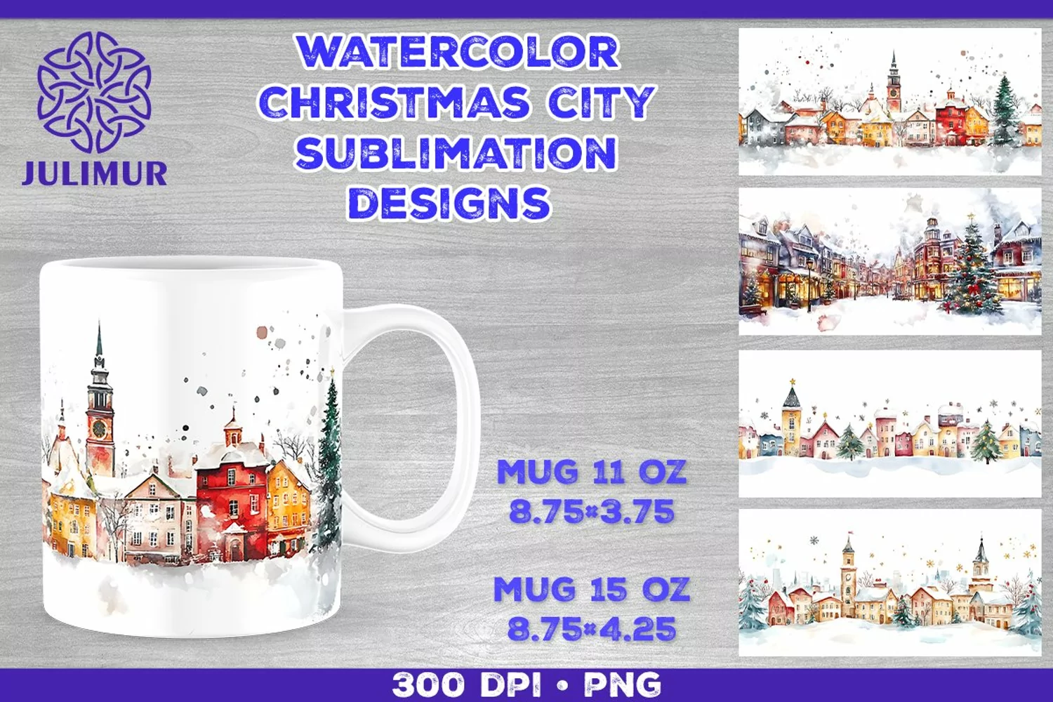 Watercolor Christmas City Mug Sublimation Design product image 1