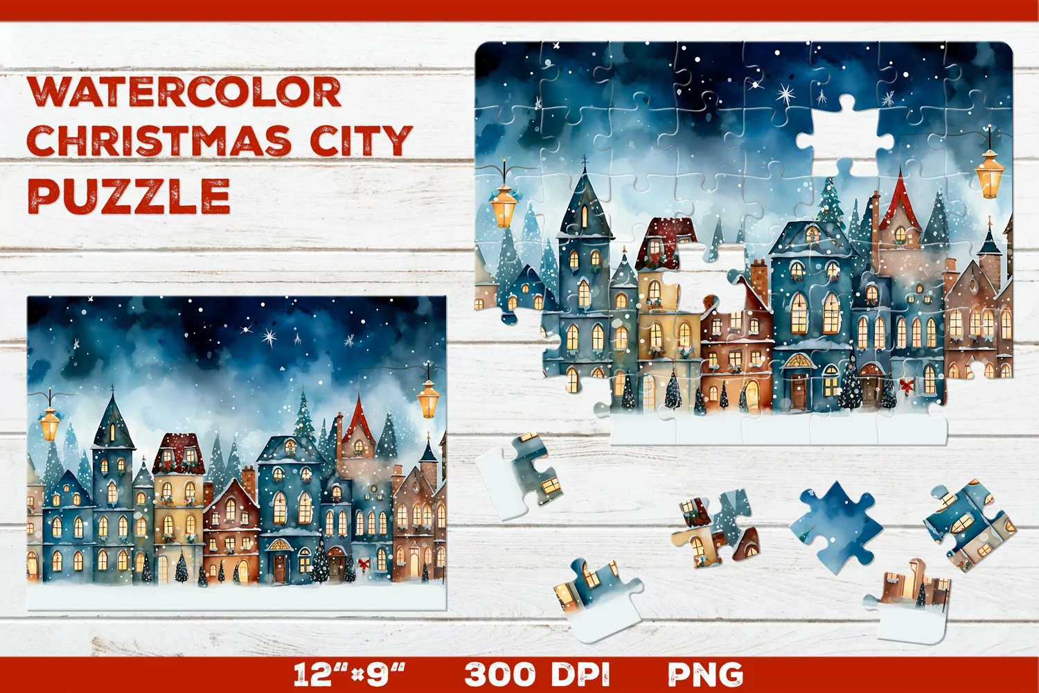 Christmas cityscape in watercolor puzzle product image 1