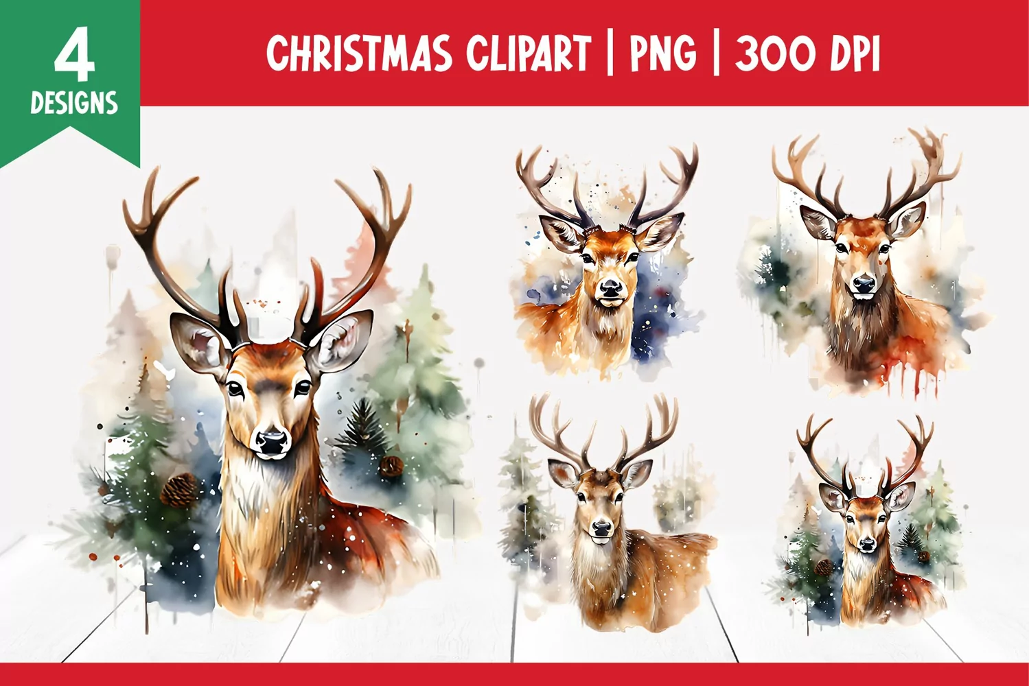Christmas Watercolor Clipart Sublimation | Deer PNG product image 1