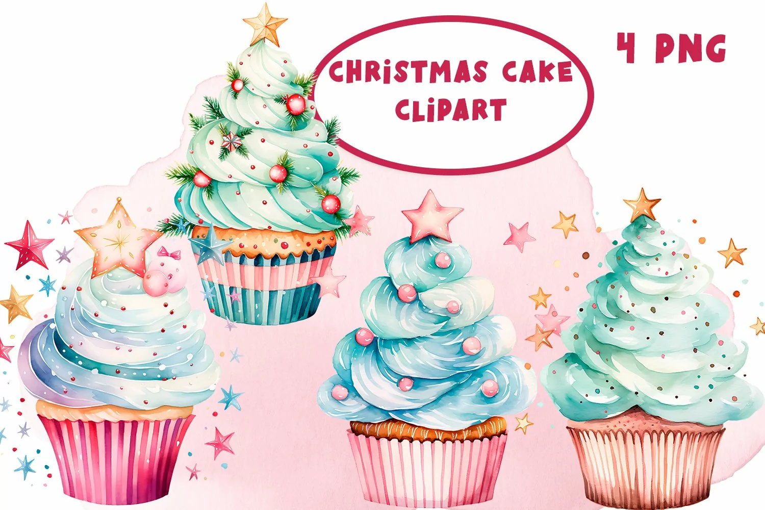 Watercolor Christmas Cupcake Clipart. Vintage sublimations product image 1