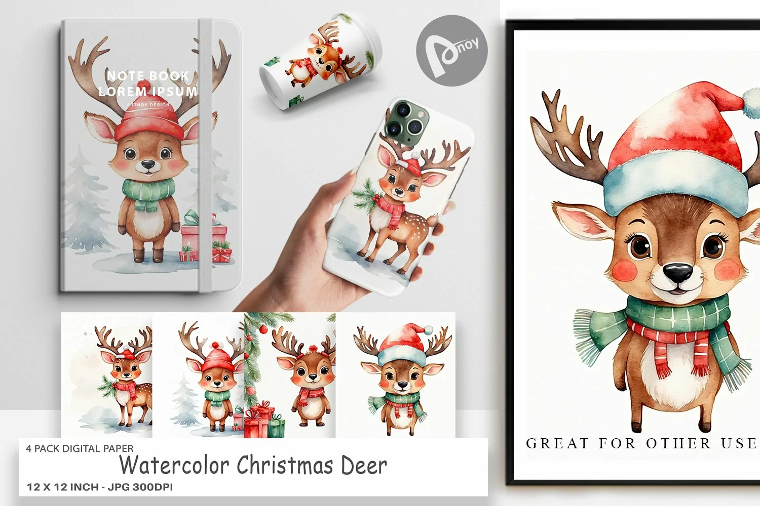 Digital Paper Watercolor Christmas Deer product image 1