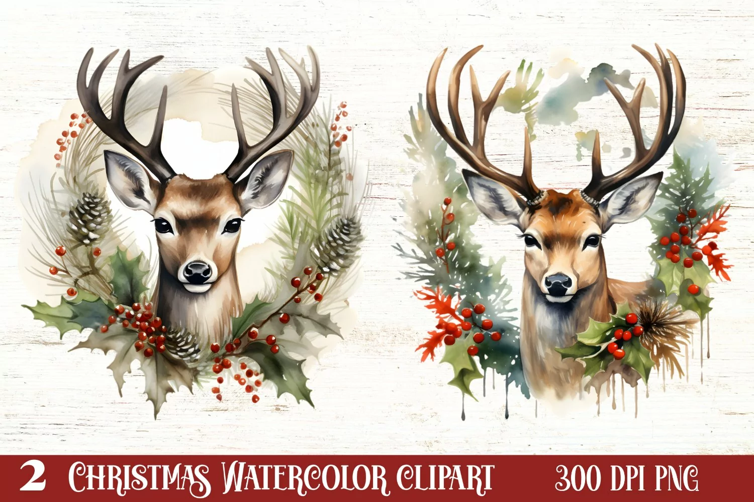 Watercolor Christmas Deer Head Clipart Sublimation product image 1
